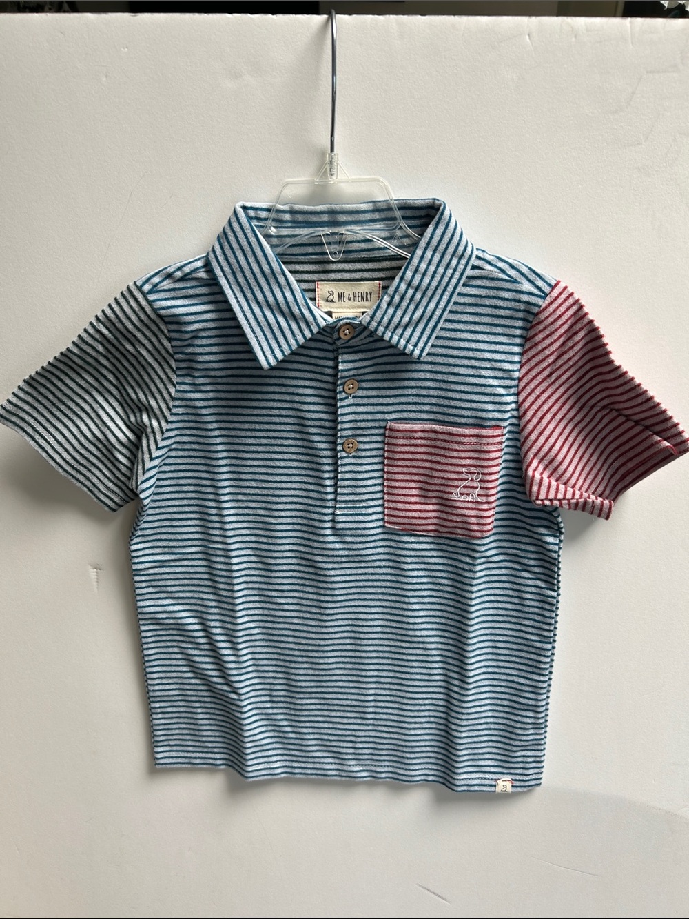 Me & Henry. Striped multi colored Polo with red Pocket . Brushed cotton. NWT